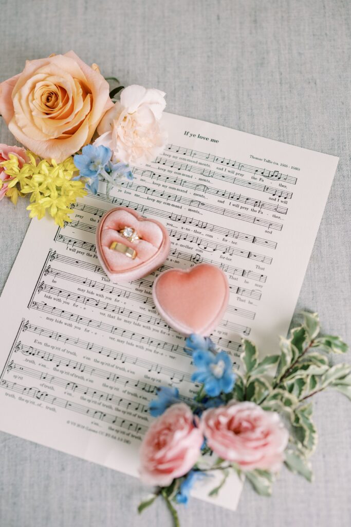 Sheet music with wedding day details 